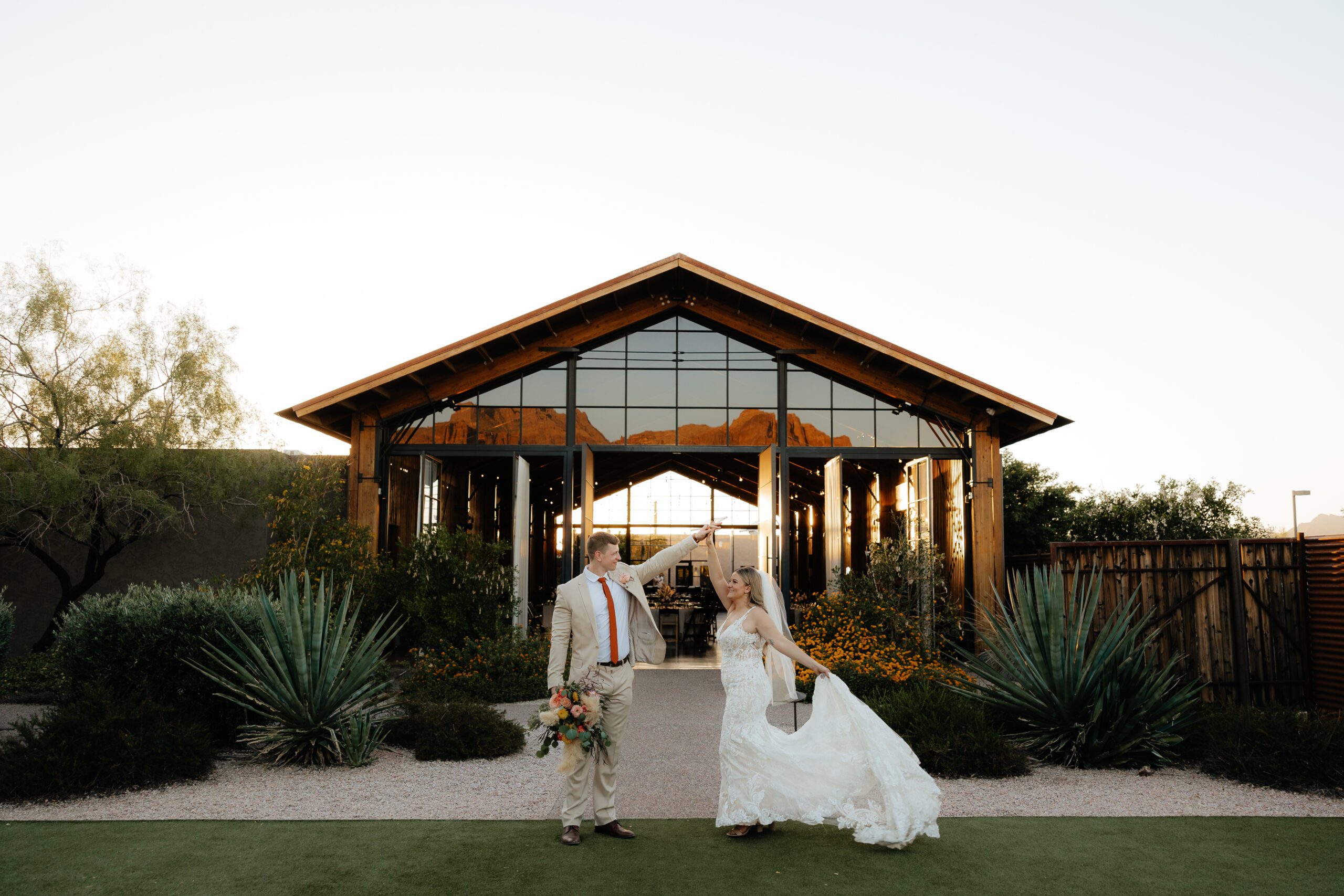 Bride and Groom in front of the Paseo reception in Apache Junction, Arizona.